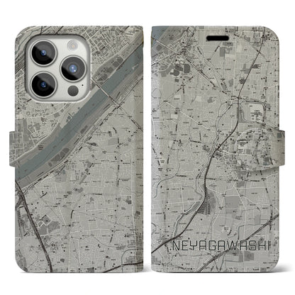 【寝屋川市（大阪府）】地図柄iPhoneケース（手帳タイプ）モノトーン・iPhone 15 Pro 用