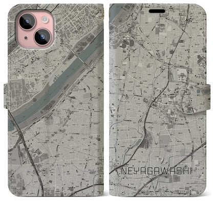 【寝屋川市（大阪府）】地図柄iPhoneケース（手帳タイプ）モノトーン・iPhone 15 Plus 用