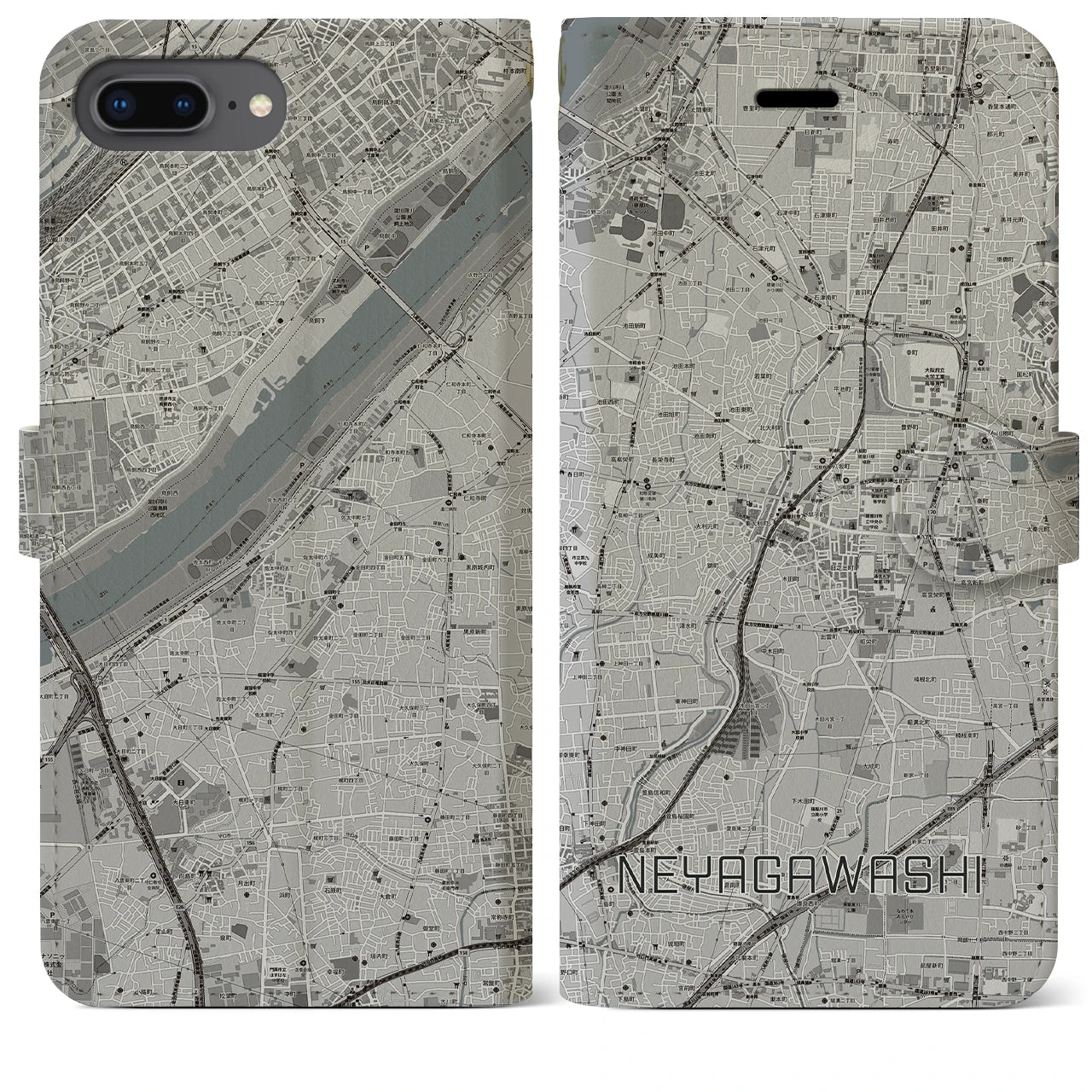 【寝屋川市】地図柄iPhoneケース（手帳両面タイプ・モノトーン）iPhone 8Plus /7Plus / 6sPlus / 6Plus 用