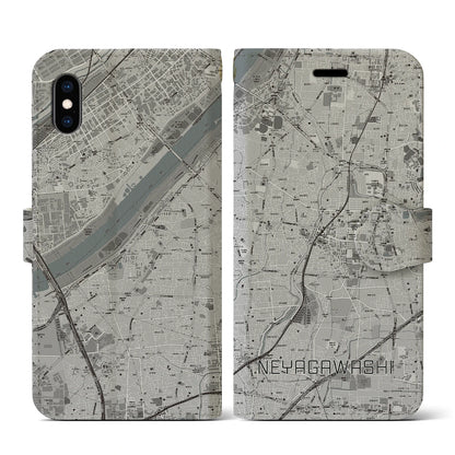 【寝屋川市（大阪府）】地図柄iPhoneケース（手帳タイプ）モノトーン・iPhone XS / X 用