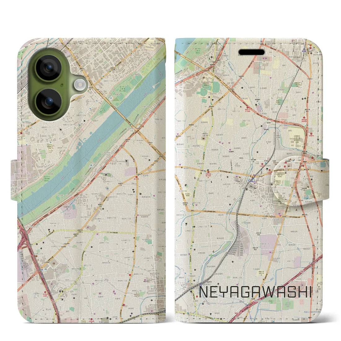 【寝屋川市（大阪府）】地図柄iPhoneケース（手帳タイプ）モノトーン・iPhone 17 Pro Max 用