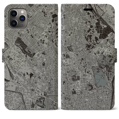 【根津（東京都）】地図柄iPhoneケース（手帳タイプ）モノトーン・iPhone 11 Pro Max 用