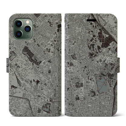 【根津（東京都）】地図柄iPhoneケース（手帳タイプ）モノトーン・iPhone 11 Pro 用