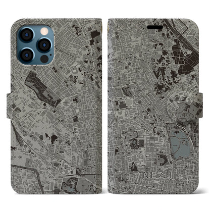 【根津（東京都）】地図柄iPhoneケース（手帳タイプ）モノトーン・iPhone 12 / 12 Pro 用