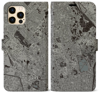 【根津（東京都）】地図柄iPhoneケース（手帳タイプ）モノトーン・iPhone 12 Pro Max 用