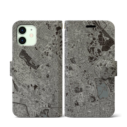 【根津（東京都）】地図柄iPhoneケース（手帳タイプ）モノトーン・iPhone 12 mini 用