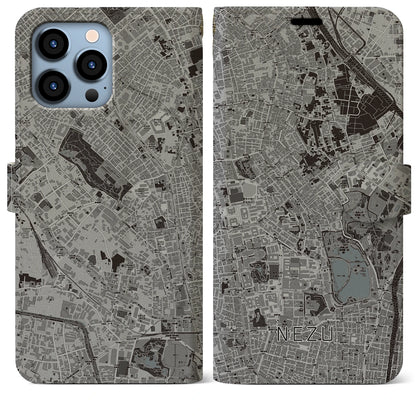 【根津（東京都）】地図柄iPhoneケース（手帳タイプ）モノトーン・iPhone 13 Pro Max 用