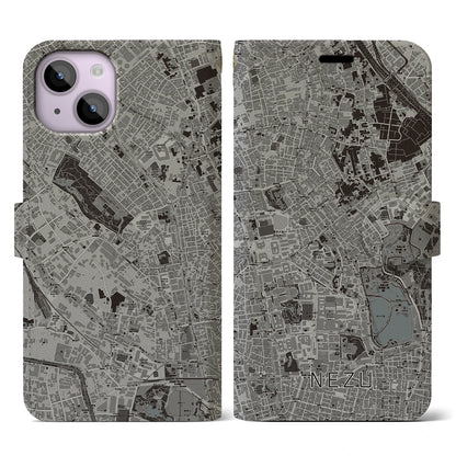 【根津（東京都）】地図柄iPhoneケース（手帳タイプ）モノトーン・iPhone 14 用