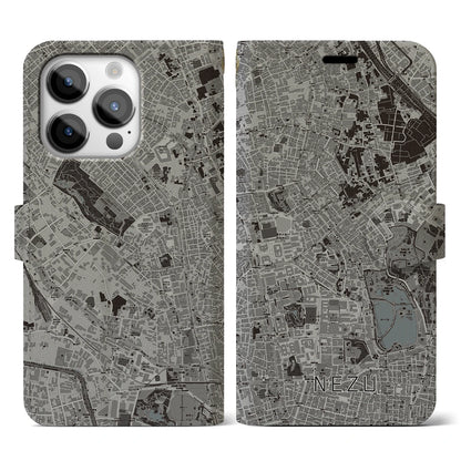 【根津（東京都）】地図柄iPhoneケース（手帳タイプ）モノトーン・iPhone 14 Pro 用