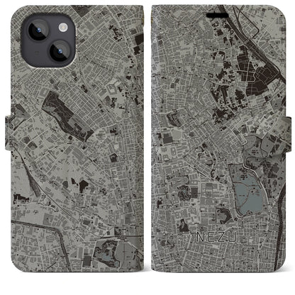 【根津（東京都）】地図柄iPhoneケース（手帳タイプ）モノトーン・iPhone 14 Plus 用
