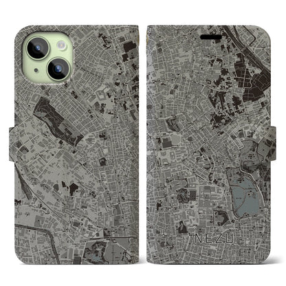 【根津（東京都）】地図柄iPhoneケース（手帳タイプ）モノトーン・iPhone 15 用