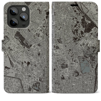 【根津（東京都）】地図柄iPhoneケース（手帳タイプ）モノトーン・iPhone 15 Pro Max 用