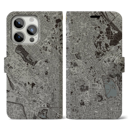 【根津（東京都）】地図柄iPhoneケース（手帳タイプ）モノトーン・iPhone 15 Pro 用