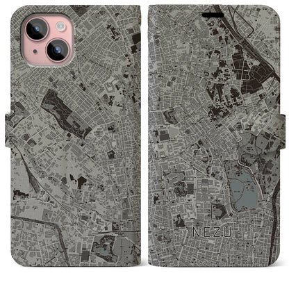 【根津（東京都）】地図柄iPhoneケース（手帳タイプ）モノトーン・iPhone 15 Plus 用