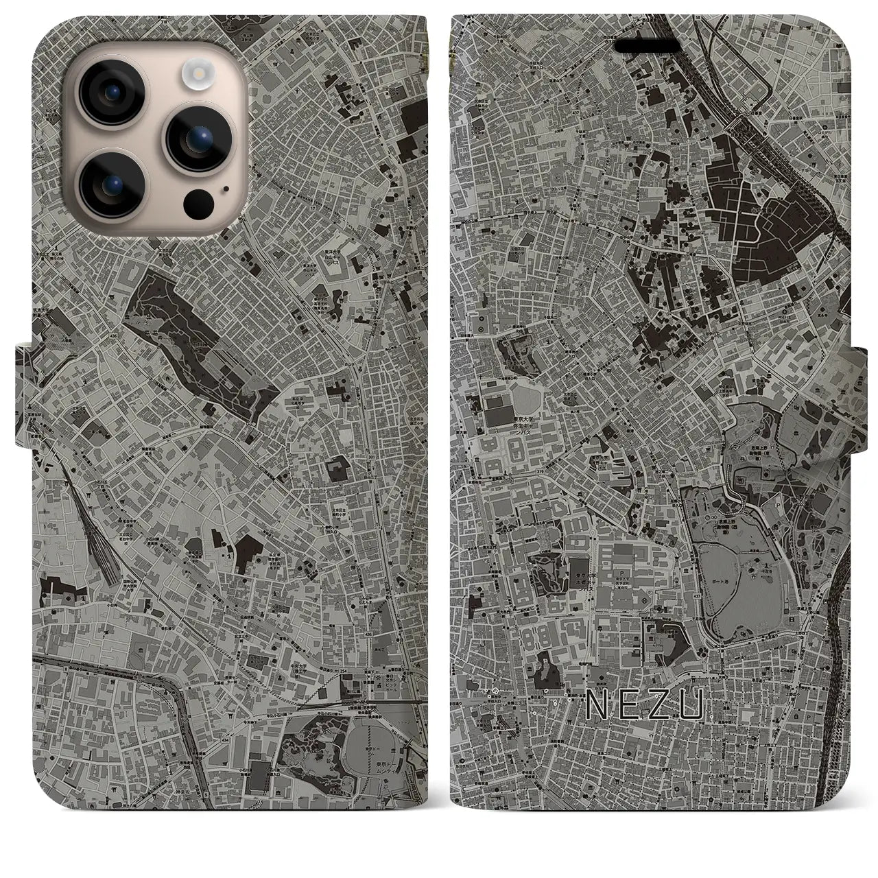 【根津（東京都）】地図柄iPhoneケース（手帳タイプ）モノトーン・iPhone 16 Plus 用