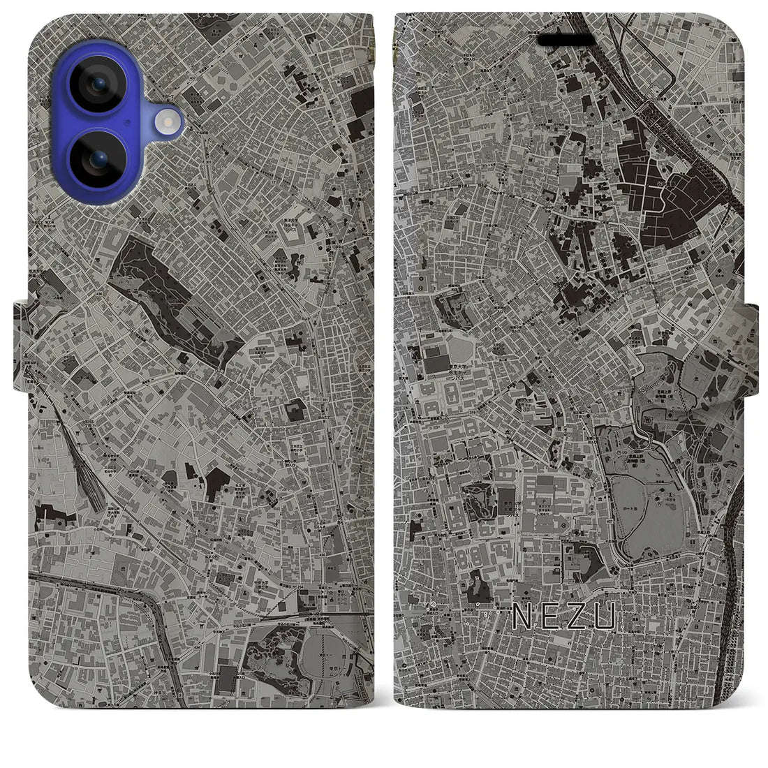 【根津(東京都)】地図柄iPhoneケース(手帳タイプ)モノトーン・iPhone 16 Pro Max 用