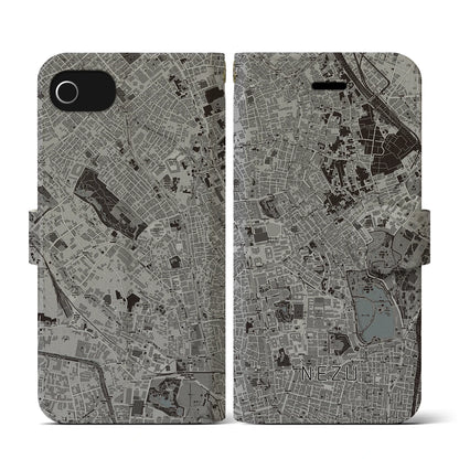 【根津（東京都）】地図柄iPhoneケース（手帳タイプ）モノトーン・iPhone SE（第3 / 第2世代） / 8 / 7 / 6s / 6 用