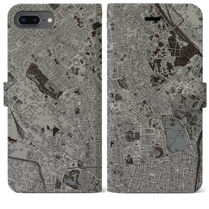 【根津（東京都）】地図柄iPhoneケース（手帳タイプ）モノトーン・iPhone 8Plus /7Plus / 6sPlus / 6Plus 用