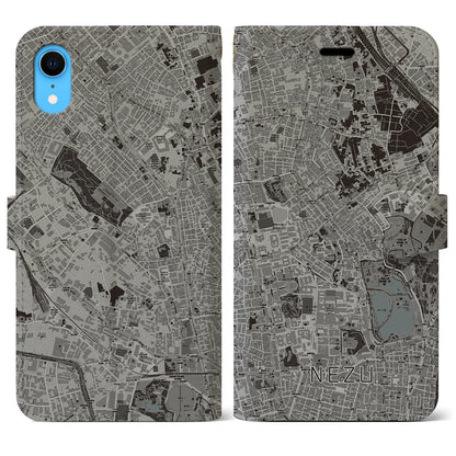 【根津（東京都）】地図柄iPhoneケース（手帳タイプ）モノトーン・iPhone XR 用