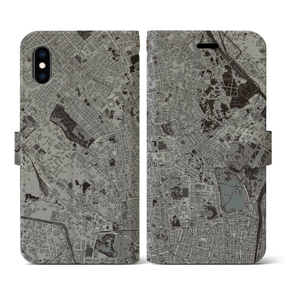 【根津（東京都）】地図柄iPhoneケース（手帳タイプ）モノトーン・iPhone XS / X 用