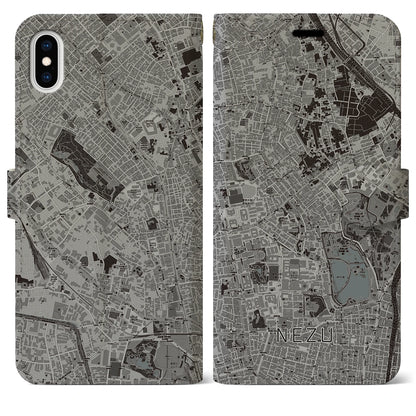 【根津（東京都）】地図柄iPhoneケース（手帳タイプ）モノトーン・iPhone XS Max 用