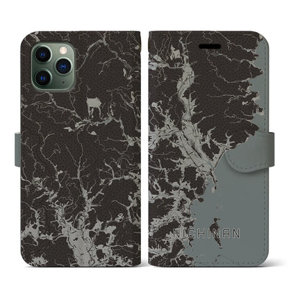 【日南（宮崎県）】地図柄iPhoneケース（手帳タイプ）モノトーン・iPhone 11 Pro 用