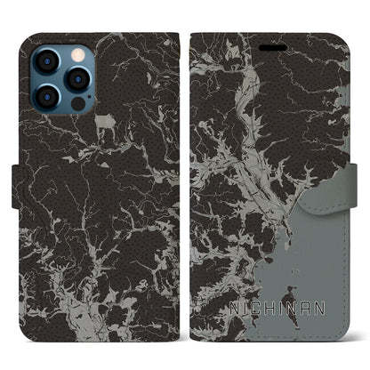 【日南（宮崎県）】地図柄iPhoneケース（手帳タイプ）モノトーン・iPhone 12 / 12 Pro 用