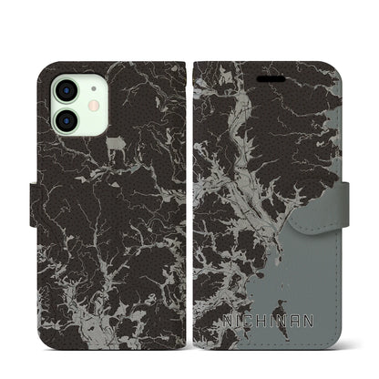 【日南（宮崎県）】地図柄iPhoneケース（手帳タイプ）モノトーン・iPhone 12 mini 用