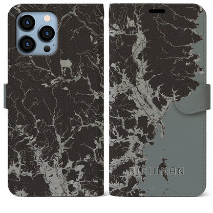 【日南（宮崎県）】地図柄iPhoneケース（手帳タイプ）モノトーン・iPhone 13 Pro Max 用