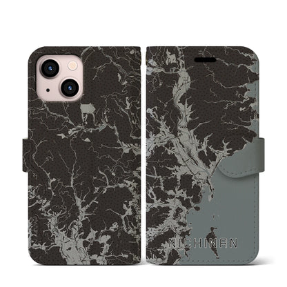 【日南（宮崎県）】地図柄iPhoneケース（手帳タイプ）モノトーン・iPhone 13 mini 用