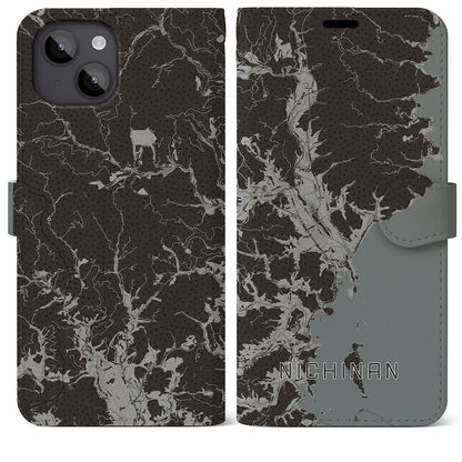 【日南（宮崎県）】地図柄iPhoneケース（手帳タイプ）モノトーン・iPhone 14 Plus 用