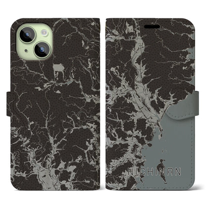 【日南（宮崎県）】地図柄iPhoneケース（手帳タイプ）モノトーン・iPhone 15 用