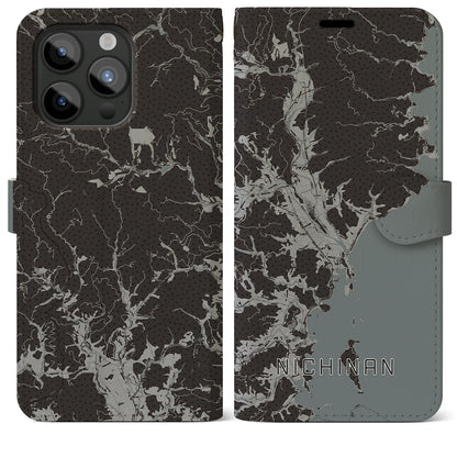 【日南（宮崎県）】地図柄iPhoneケース（手帳タイプ）モノトーン・iPhone 15 Pro Max 用