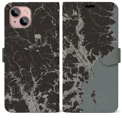 【日南（宮崎県）】地図柄iPhoneケース（手帳タイプ）モノトーン・iPhone 15 Plus 用