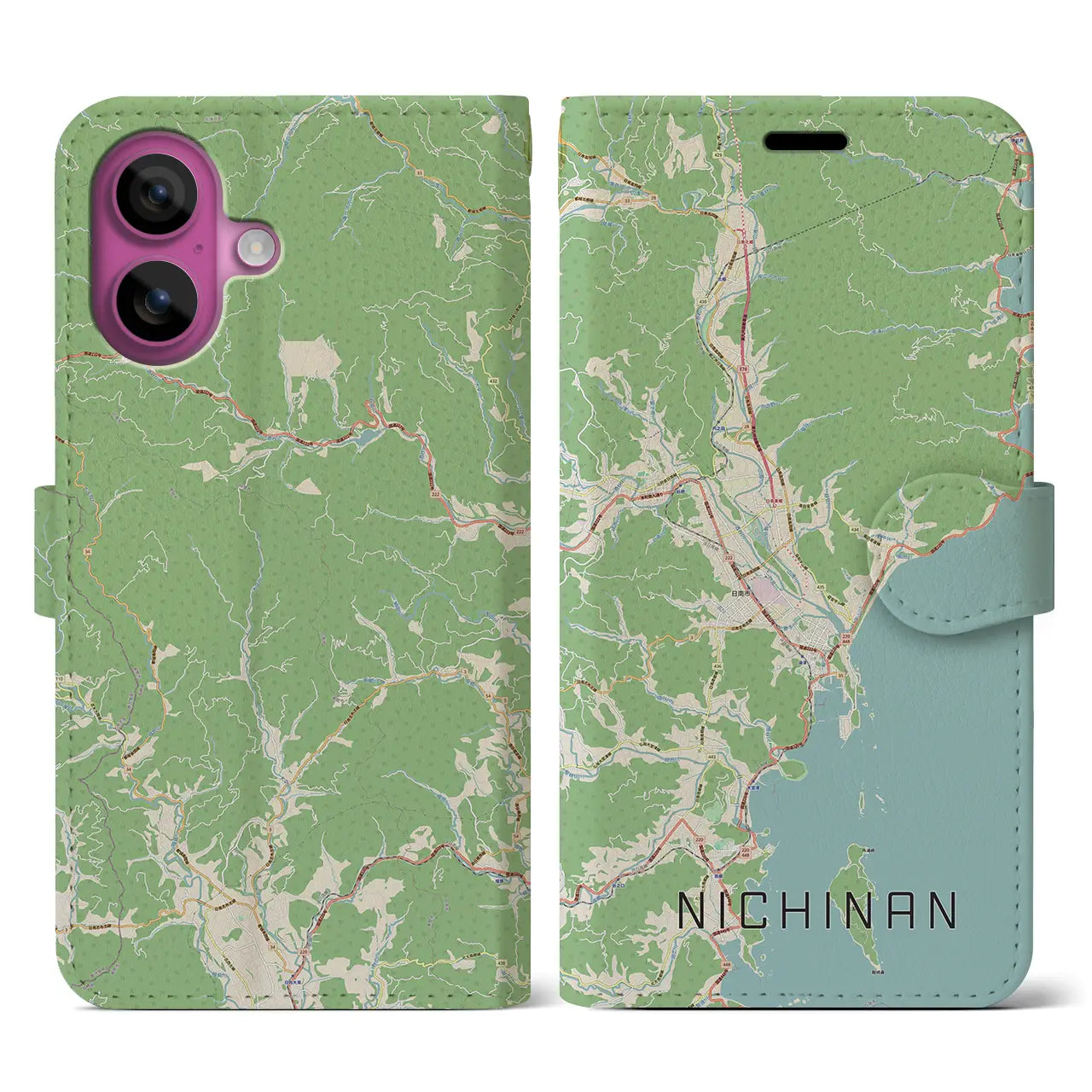 【日南（宮崎県）】地図柄iPhoneケース（手帳タイプ）ナチュラル・iPhone 16 Pro 用