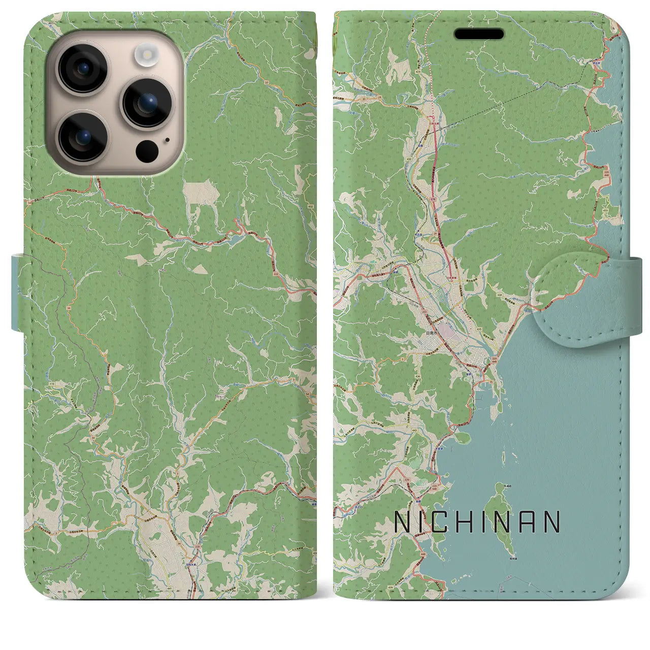 【日南（宮崎県）】地図柄iPhoneケース（手帳タイプ）ナチュラル・iPhone 16 Plus 用