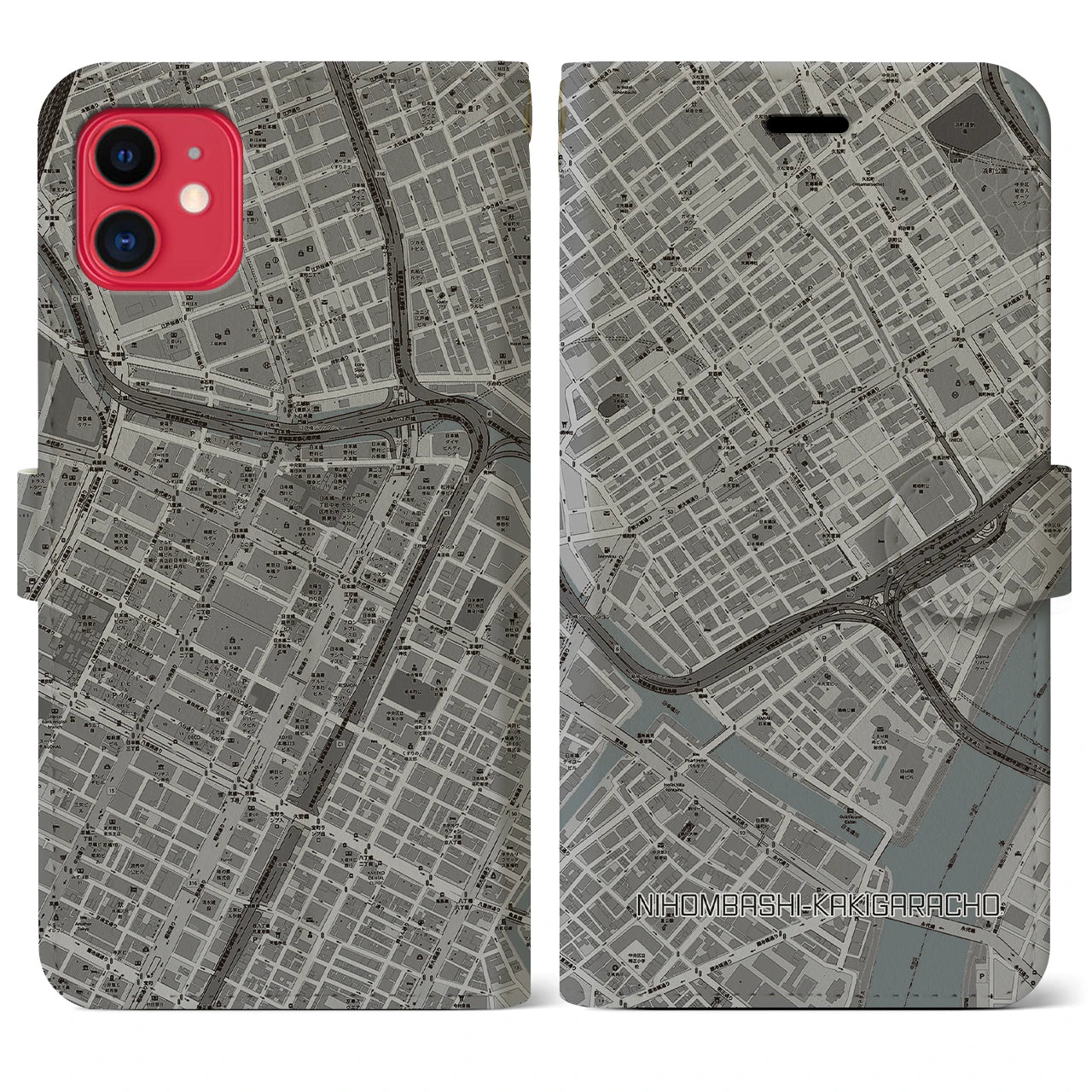 【日本橋蛎殻町】地図柄iPhoneケース（手帳両面タイプ・モノトーン）iPhone 11 用