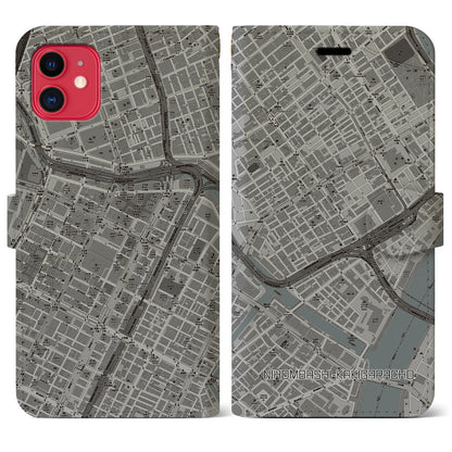 【日本橋蛎殻町（東京都）】地図柄iPhoneケース（手帳タイプ）モノトーン・iPhone 11 用