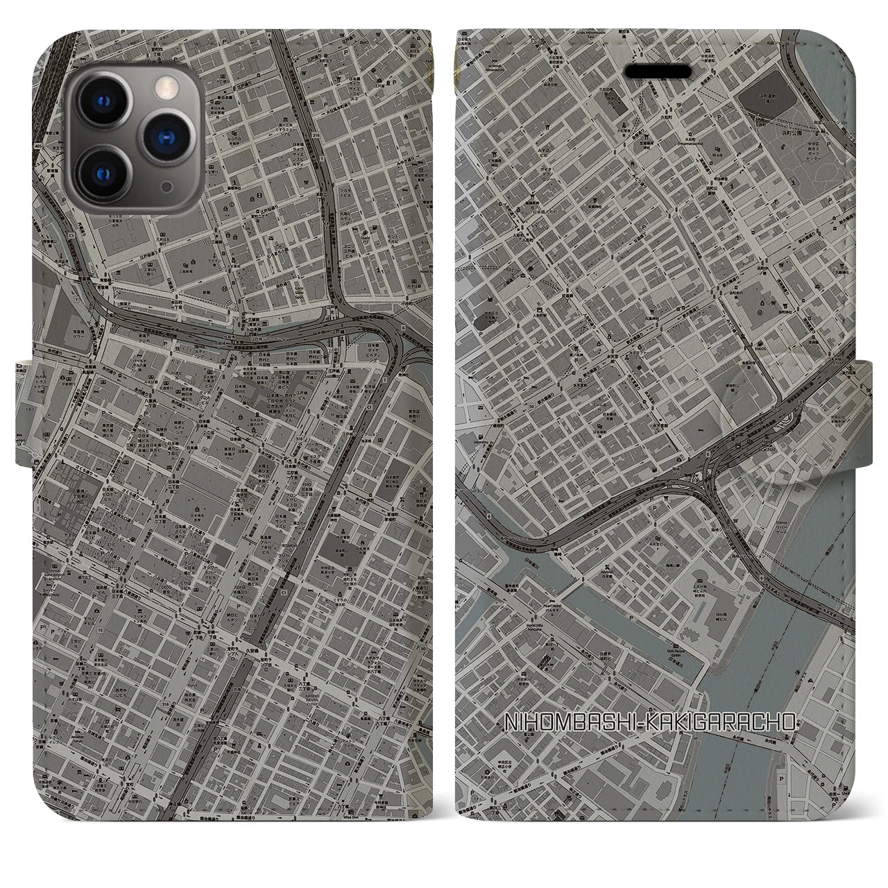 【日本橋蛎殻町】地図柄iPhoneケース（手帳両面タイプ・モノトーン）iPhone 11 Pro Max 用