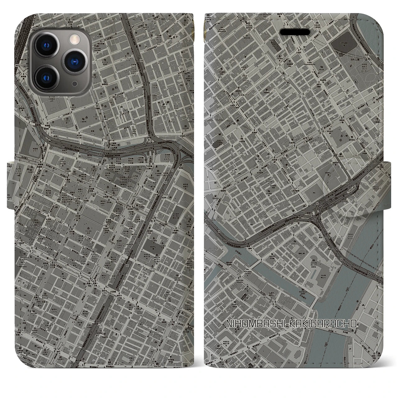 【日本橋蛎殻町（東京都）】地図柄iPhoneケース（手帳タイプ）モノトーン・iPhone 11 Pro Max 用