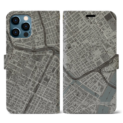 【日本橋蛎殻町（東京都）】地図柄iPhoneケース（手帳タイプ）モノトーン・iPhone 12 / 12 Pro 用