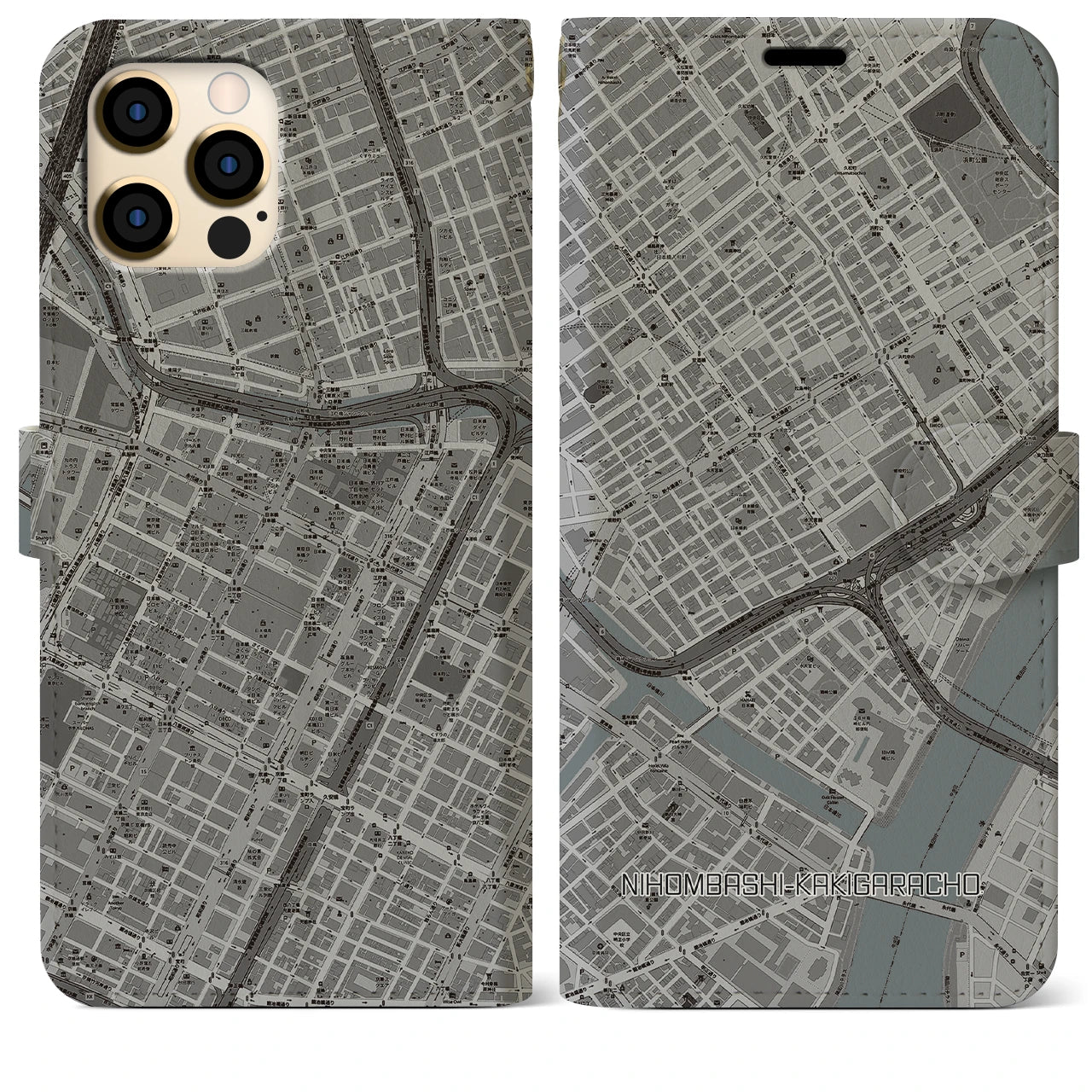 【日本橋蛎殻町】地図柄iPhoneケース（手帳両面タイプ・モノトーン）iPhone 12 Pro Max 用