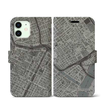 【日本橋蛎殻町（東京都）】地図柄iPhoneケース（手帳タイプ）モノトーン・iPhone 12 mini 用