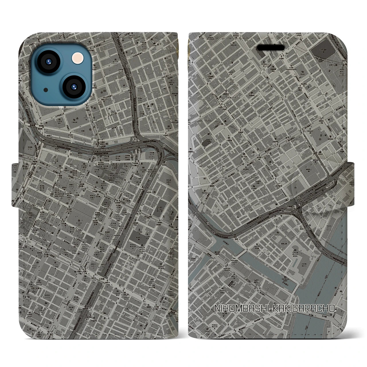 【日本橋蛎殻町】地図柄iPhoneケース（手帳両面タイプ・モノトーン）iPhone 13 用