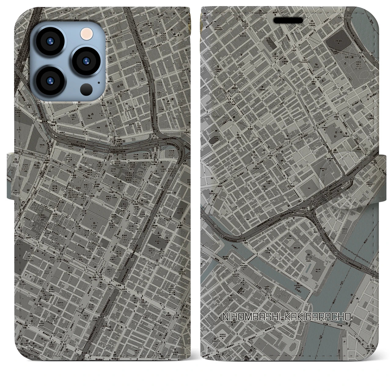 【日本橋蛎殻町】地図柄iPhoneケース（手帳両面タイプ・モノトーン）iPhone 13 Pro Max 用