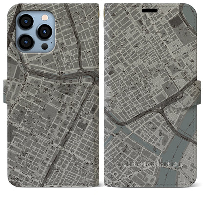 【日本橋蛎殻町（東京都）】地図柄iPhoneケース（手帳タイプ）モノトーン・iPhone 13 Pro Max 用