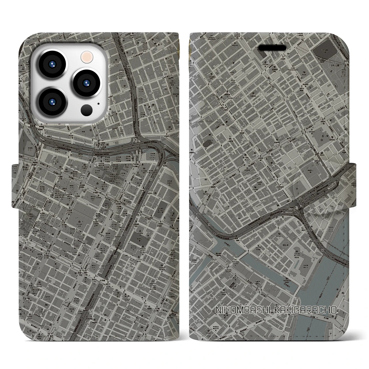 【日本橋蛎殻町】地図柄iPhoneケース（手帳両面タイプ・モノトーン）iPhone 13 Pro 用