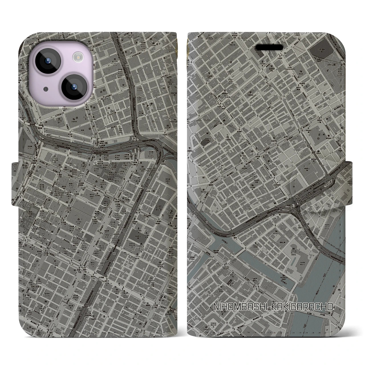 【日本橋蛎殻町】地図柄iPhoneケース（手帳両面タイプ・モノトーン）iPhone 14 用