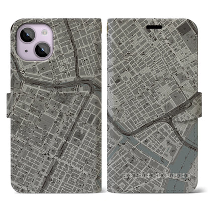 【日本橋蛎殻町（東京都）】地図柄iPhoneケース（手帳タイプ）モノトーン・iPhone 14 用