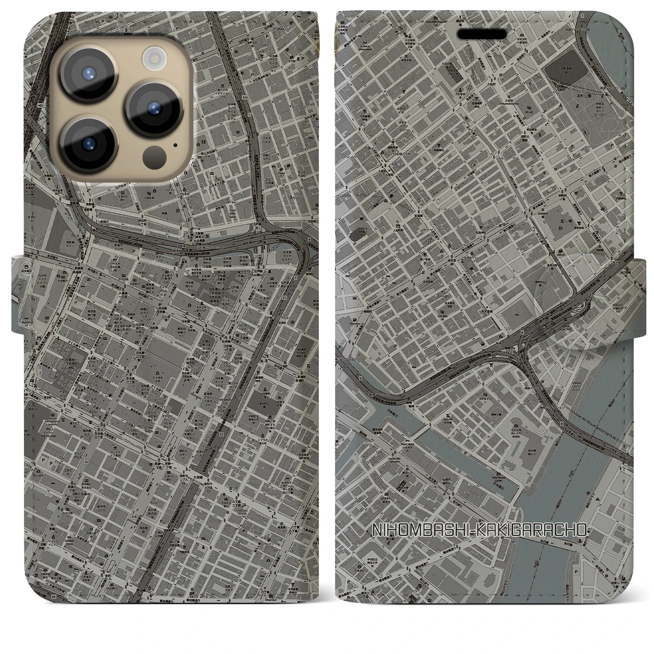 【日本橋蛎殻町】地図柄iPhoneケース（手帳両面タイプ・モノトーン）iPhone 14 Pro Max 用